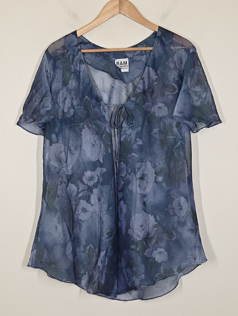 Vtg 90s Y2K Dark Floral Blue Tie Front Sheer Duster Cardigan Fairy Whimsigoth